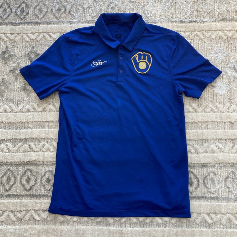 Milwaukee Brewers Polo Shirt Mens S Blue Nike Cooperstown Collection DriFit MLB